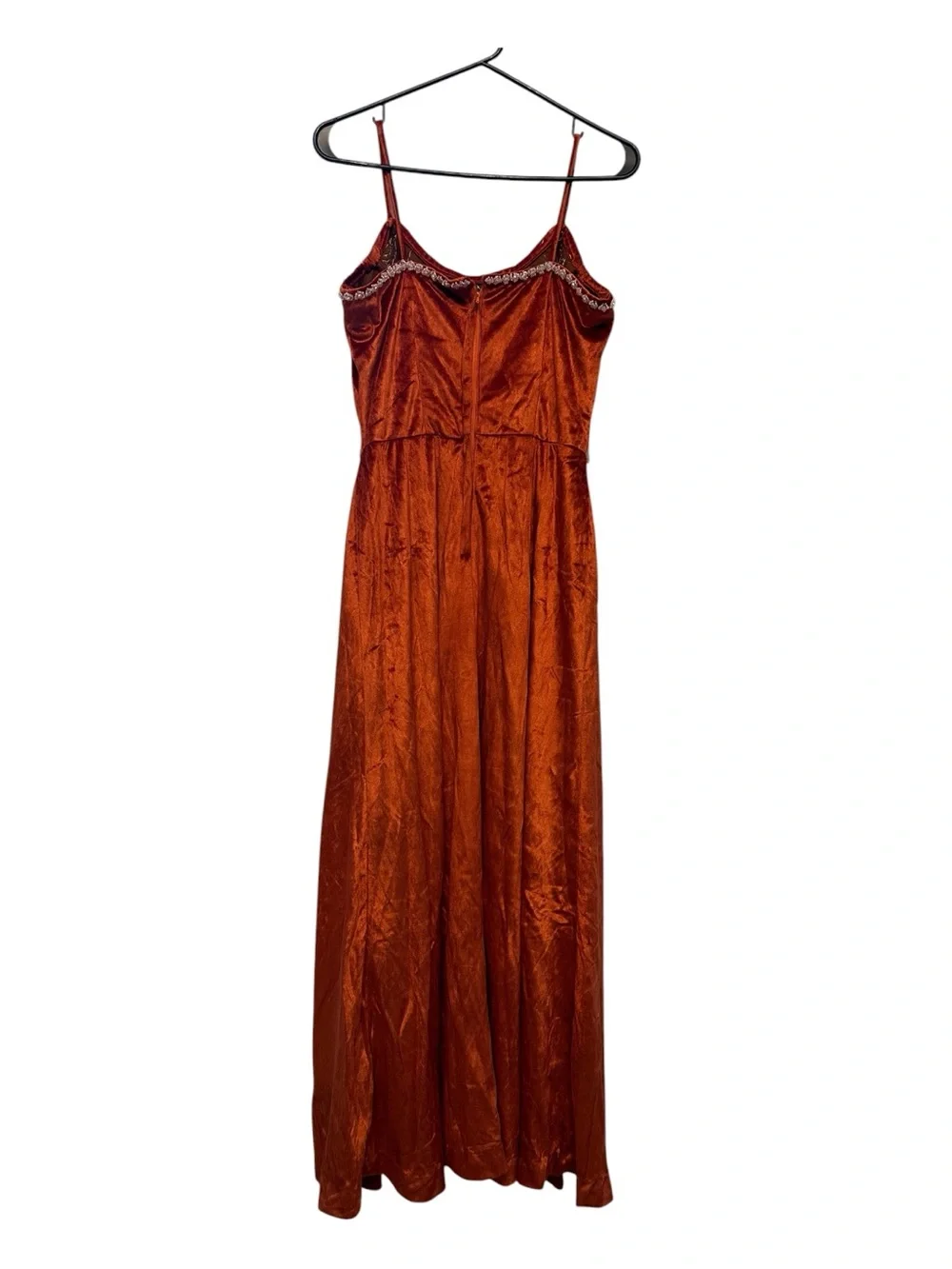 True Vintage Handmade Rust Orange Velvet Maxi Dress with Beaded Lace Trim S/M